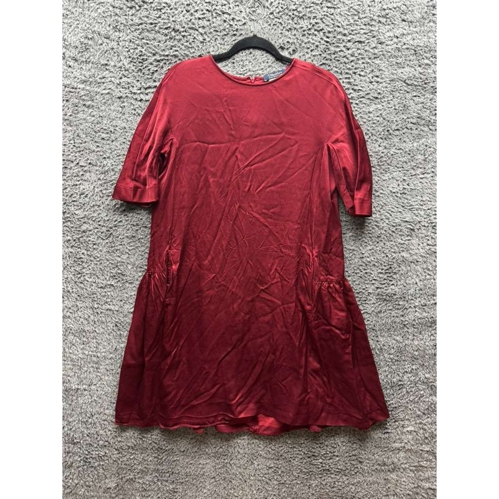 Max Mara Crew Neck‎ Short Sleeve Pleated Mini Shift Dress Red Womens Size 8